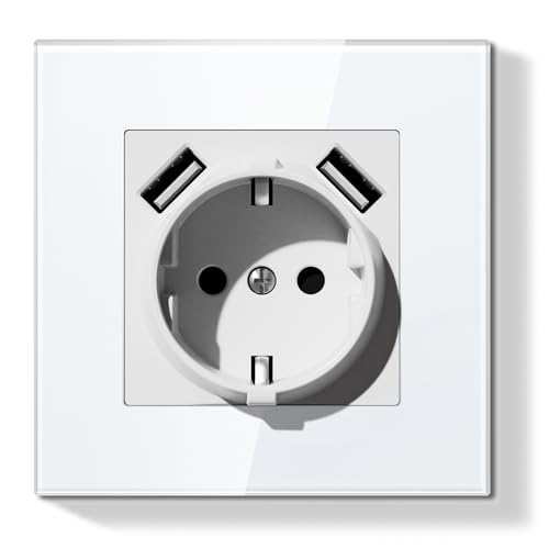BSEEDLIFE Schuko Steckdose mit USB-A Unterputz 86 * 86mm, 16A EU Steckdose mit Glasrahmen, 2 USB Typ F mit Erdung, Einfache Installation (Klappkrallen), 1-Fach Weiß von BSEEDLIFE