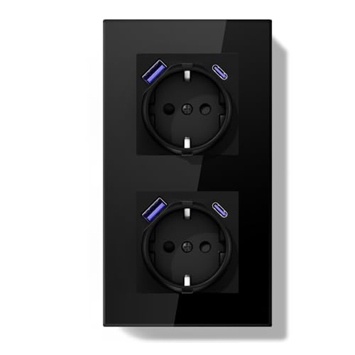 BSEED LIFE Schuko Steckdose mit USB-C 20W PD USB-A, Unterputz 86 * 157mm, 16A EU Doppelsteckdose mit Glasrahmen, Schnellladung, Typ F mit Erdung, Einfache Installation (Klappkrallen), 2-Fach Schwarz von BSEEDLIFE