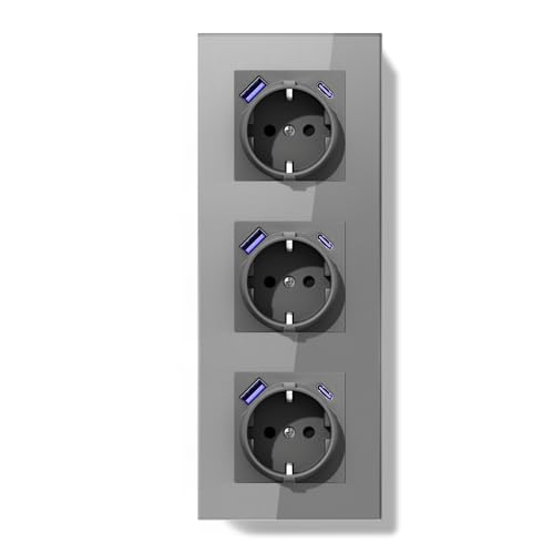 BSEEDLIFE Schuko Steckdose mit USB-C 20W PD USB-A, Unterputz 86 * 228mm, 16A EU Steckdose mit Glasrahmen, Schnellladung, Typ F mit Erdung, Einfache Installation (Klappkrallen), 3-Fach Grau von BSEEDLIFE
