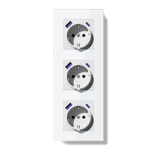 BSEEDLIFE Schuko Steckdose mit USB-C 20W PD USB-A, Unterputz 86 * 228mm, 16A EU Steckdose mit Glasrahmen, Schnellladung, Typ F mit Erdung, Einfache Installation (Klappkrallen), 3-Fach Weiß von BSEEDLIFE