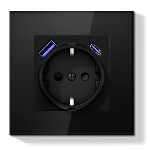 BSEED LIFE Schuko Steckdose mit USB-C 20W PD USB-A, Unterputz 86 * 86mm, 16A EU Steckdose mit Glasrahmen, Schnellladung, Typ F mit Erdung, Einfache Installation (Klappkrallen), 1-Fach Schwarz von BSEEDLIFE