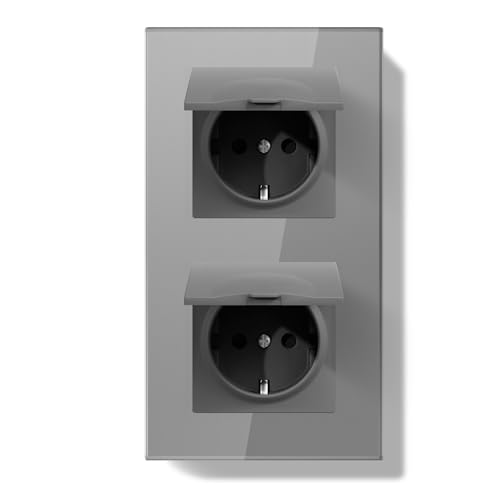 BSEED LIFE Schuko Steckdose mit Wasserdichter Abdeckung, Unterputz 86 * 157mm, 16A EU-Doppelsteckdose mit PC Rahmen, Toilette/Küche, Einfache Installation (Klappkrallen), 2-Fach Grau von BSEEDLIFE