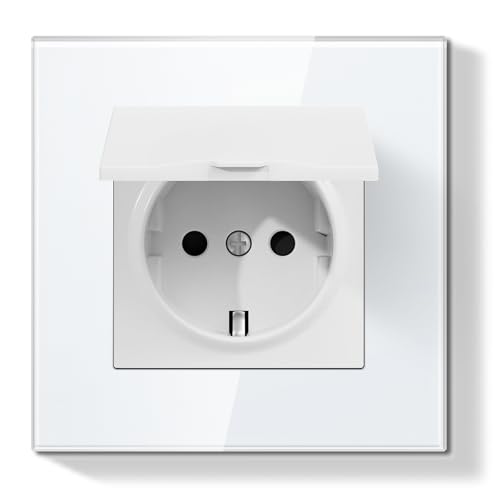 BSEED LIFE Schuko Steckdose mit Wasserdichter Abdeckung, Unterputz 86 * 86mm, 16A EU-Steckdose mit PC Rahmen, Spritzwassergeschützt für Bad/Küche, Einfache Installation (Klappkrallen), 1-Fach Weiß von BSEEDLIFE