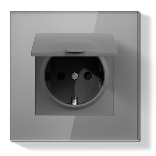 BSEED LIFE Schuko Steckdose mit Wasserdichter Abdeckung, Unterputz 86 * 86mm, 16A EU-Steckdose mit Glasrahmen, Spritzwassergeschützt für Bad/Küche, Einfache Installation (Klappkrallen), 1-Fach Grau von BSEEDLIFE