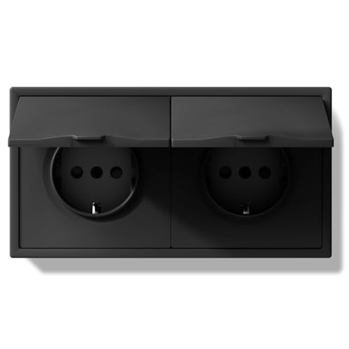 BSEED LIFE Schuko Steckdose mit Wasserdichter Abdeckung, Unterputz EU-Standard Einbausteckdose, Doppelsteckdose Wandsteckdose 16Amp mit PC Rahmen, 80*150mm inzelsteckdose mit Krallen, 2 Fach Schwarz von BSEEDLIFE