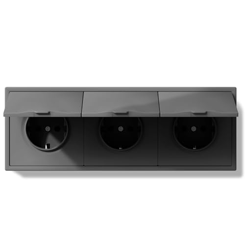 BSEED LIFE Schuko Steckdose mit Wasserdichter Abdeckung, Unterputz EU-Standard Einbausteckdose, Wandsteckdose 16Amp mit PC Rahmen, 80 * 220mm inzelsteckdose mit Krallen, 3 Fach Grau von BSEEDLIFE