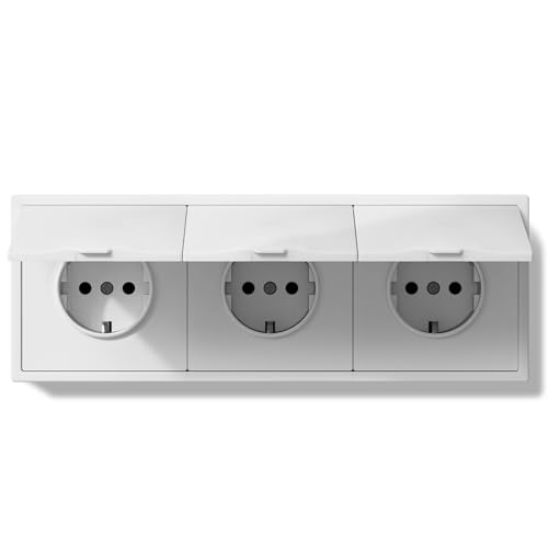 BSEED LIFE Schuko Steckdose mit Wasserdichter Abdeckung, Unterputz EU-Standard Einbausteckdose, Wandsteckdose 16Amp mit PC Rahmen, 80 * 220mm inzelsteckdose mit Krallen, 3 Fach Weiß von BSEEDLIFE