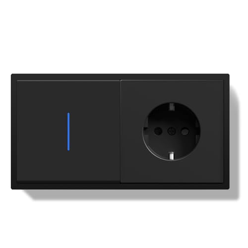 BSEEDLIFE Lichtschalter mit Steckdose, 1 Fach 1 Weg Reset-Schalter Doppelt Wandschalter mit Indikator, 80 * 150mm PC Rahmen Unterputz Steckdose mit Rückstellschalter，Kabelklemmen&Krallen, Schwarz von BSEEDLIFE