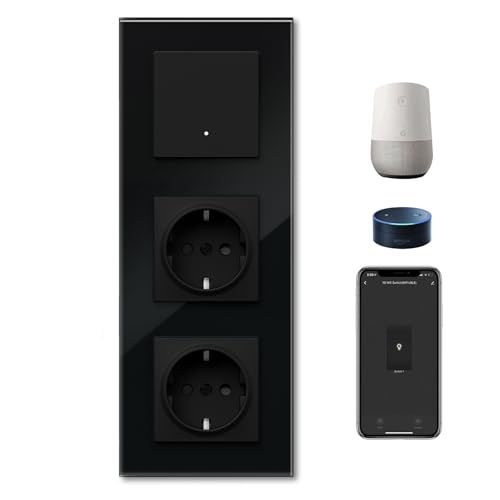 BSEEDLIFE Smart Wifi Lichtschalter mit Normal Steckdose, Glasrahmen Intelligente Taste Schalter Unterputz Kompatibel mit Alexa&Google Home, 228*86mm 1-Fach Wandschalter*1+Schuko Steckdose*2, Schwarz von BSEEDLIFE