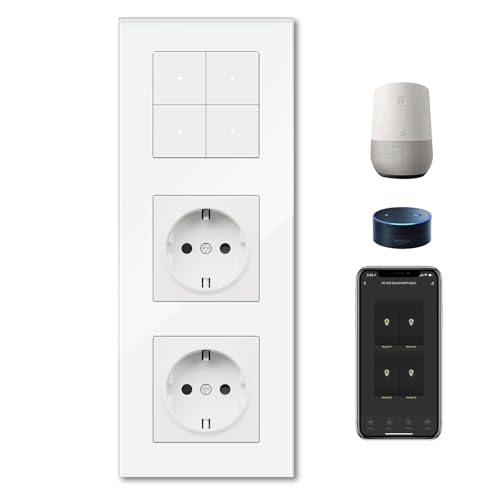 BSEEDLIFE Smart Wifi Lichtschalter mit Normal Steckdose, Glasrahmen Intelligente Taste Schalter Unterputz Kompatibel mit Alexa und Google Home, 228*86mm 4-Fach Wandschalter*1+Schuko Steckdose*2, Weiß von BSEEDLIFE