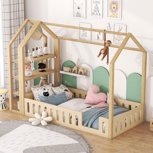 BSFANN Kinderbett bodenbett 90x200 cm mit Geländer, Montessori Bett mit rausfallschutz Universalflachbett für Jungen und Mädchen, dreifach bodenstehender Bettrahmen, Matratze Nicht enthalten Natur von BSFANN