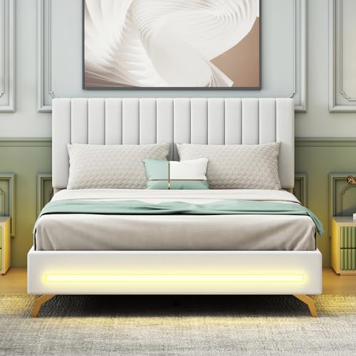 BSFANN Polsterbett 140 x 200 cm, Bettgestell mit LED-Leuchten und Lattenrost, Samtstoff Einzelbett Doppelbett mit verstellbarem Kopfteil für Erwachsene Jugendliche, Weiß von BSFANN