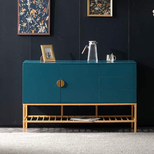 Schrank mit 3 Schubladen und 2 Türen, Sideboard 1,3 m Langes mit Goldenen Griffen, Beinen und Metallböden für Wohnzimmer Schlafzimmer Eingangshalle(Blauer) von BSFANN