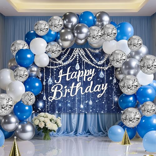 Geburtstag Party Banner mit Luftballons - Premium Photo Booth Dekoration für Kinder Erwachsene - Knitterfreier Stoff (Blau) von BSFHH