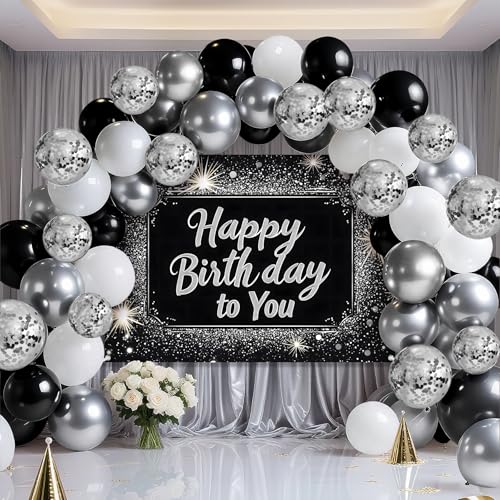 Geburtstag Party Banner mit Luftballons - Premium Photo Booth Dekoration für Kinder Erwachsene - Knitterfreier Stoff (Dunkelschwarz) von BSFHH