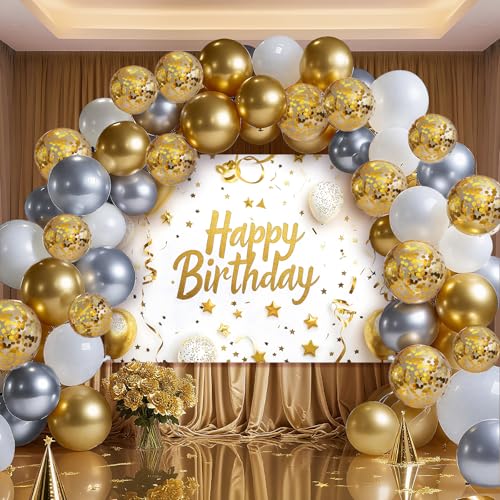 Geburtstag Party Banner mit Luftballons - Premium Photo Booth Dekoration für Kinder Erwachsene - Knitterfreier Stoff (Gelb) von BSFHH