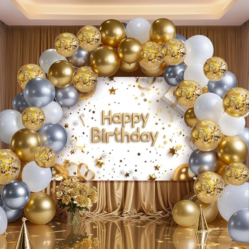 Geburtstag Party Banner mit Luftballons - Premium Photo Booth Dekoration für Kinder Erwachsene - Knitterfreier Stoff (Gold) von BSFHH