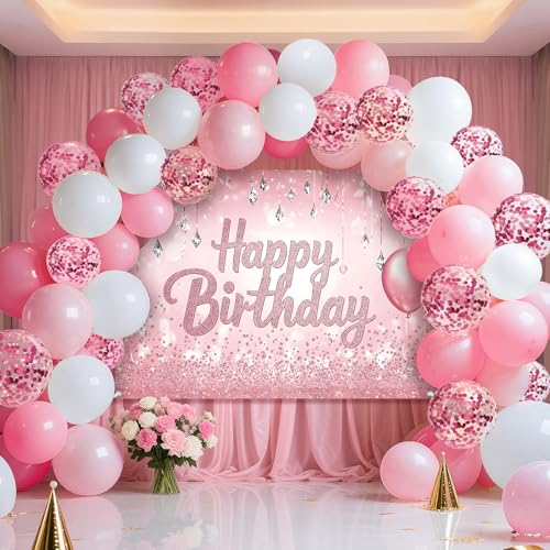 Geburtstag Party Banner mit Luftballons - Premium Photo Booth Dekoration für Kinder Erwachsene - Knitterfreier Stoff (Rosa) von BSFHH