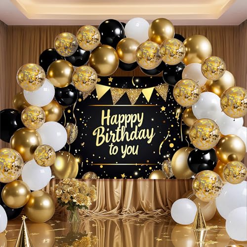 Geburtstag Party Banner mit Luftballons - Premium Photo Booth Dekoration für Kinder Erwachsene - Knitterfreier Stoff (Schwarz Gold) von BSFHH