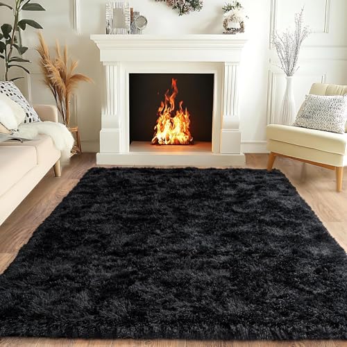BSGIFT Teppich Schwarz 120x160 Flauschiger Hochflor Teppich Wohnzimmer, Modern Shaggy Langflor Wohnzimmerteppich Bettvorleger High-Pile Carpet rutschfest für Schlafzimmer Kinderzimmer von BSGIFT
