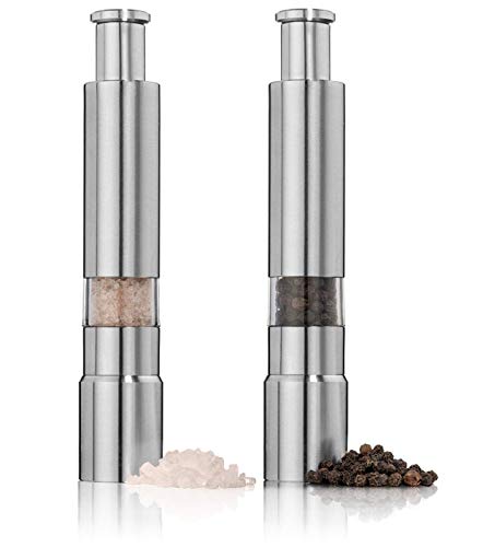 2er Set Salz und Pfeffer Mühle Edelstahl Push Button Grinder Daumenmühle, für schwarzen Pfeffer, Meersalz und Himalaya-Salz von BSGP