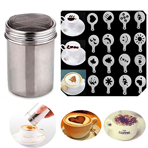 Kaffee Shaker Staubwedel Zucker Pulver Kakao Mehl Sieb mit 16 Formen Schablonen Druckformen für DIY Cappuccino Kaffee von BSGP