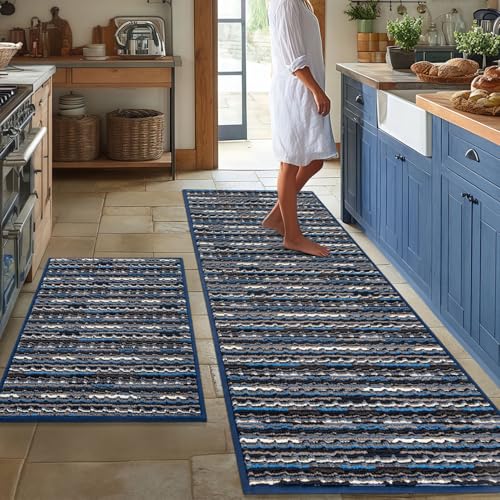 Küchenteppich-Sets mit 2 rutschfesten Küchenmatten, bodendick, schmutzabweisend, Vintage-Küchenbodenmatte, Läufer, Teppich für Flur, Eingangsbereich, Waschküche, waschbar (Marineblau, 55,9 x 149,9 cm Küchenteppich-Sets mit 2 rutschfesten Küchenmatten, bodendick, schmutzabweisend, Vintage-Küchenbodenmatte, Läufer, Teppich für Flur, Eingangsbereich, Waschküche, waschbar (Marineblau, 55,9 x 149,9 cm von BSICPRO