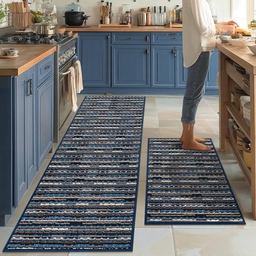 Küchenteppich-Sets mit 2 rutschfesten Küchenmatten, bodendick, schmutzabweisend, Vintage-Küchenbodenmatte, Läufer, Teppich für Flur, Eingangsbereich, Waschküche, waschbar (Marineblau, 61 x 177,8 cm + Küchenteppich-Sets mit 2 rutschfesten Küchenmatten, bodendick, schmutzabweisend, Vintage-Küchenbodenmatte, Läufer, Teppich für Flur, Eingangsbereich, Waschküche, waschbar (Marineblau, 61 x 177,8 cm + von BSICPRO