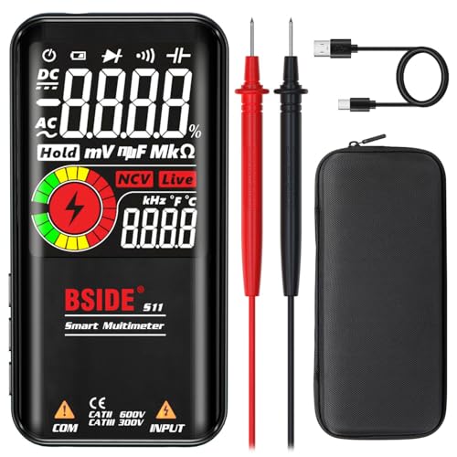 BSIDE Digitales Multimeter, Farb-LCD-Display mit 3 Ergebnissen, 999 Counts, Voltmeter, wiederaufladbar mit Smart-Modus, Kapazität Ohm, Hz, Diode, Einschaltdauer, Live-Check, Spannungsprüfer, Schwarz von BSIDE