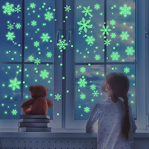 BSITSSS 125 Stück Fensterbilder Weihnachten, Fluoreszierend Weihnachtsdeko Christmas Decorations, Schneeflocken Deko Weihnachten Aufkleber Statisch Haftende PVC Weihnachten Aufkleber(A) von BSITSSS
