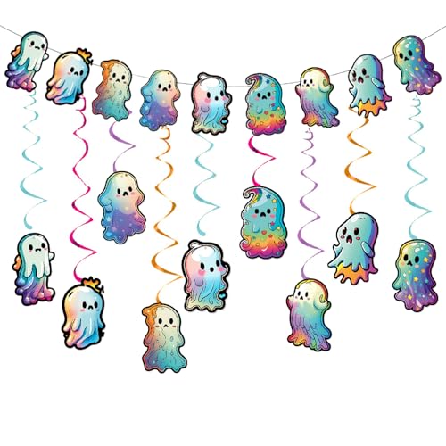 BSITSSS 19 Stück Halloween Geister Deko, Happy Halloween Girlande, Liebenswert Geist Banner mit Hängedeko Wabenkugeln Horror Deko für Trick or Treat Partydeko von BSITSSS