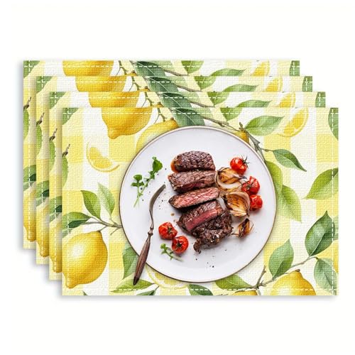 BSITSSS 4 Stück Zitronen Platzdecken, 30x45cm Sommer Zitrone Placemat, Tischsets Abwaschbar Platzset Leinen Zitrone Deko für Saisonnal Sommer Frühling Küche Party Deko von BSITSSS
