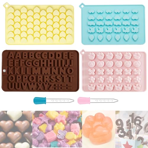 BSITSSS Gummibärchen Form 4 Stück Silikon Schokoladenformen Bonbon Formen Silikonform Herz Süßigkeiten-Silikonformen, Eiswürfelformen Bonbonform mit 2 Pipetten von BSITSSS