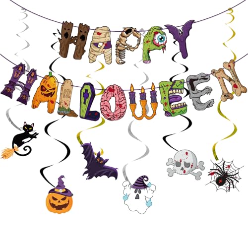 BSITSSS Halloween-Dekorationen, Happy Halloween Banner mit hängendem Wirbel Luftschlangen, Trick or Treat Gruseliges Partybanner Halloween Wimpelkette für Spukhäuser, Türen, Party, Wand, Kamin von BSITSSS