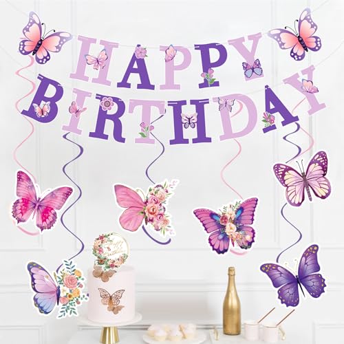 BSITSSS Schmetterling Deko, Happy Birthday Girlande, Geburtstagsdeko Happy Birthday Banner Schmetterlinge Hängende Wirbel Streamer für Erwachsene Kinder Mädchen Frauen Deko von BSITSSS
