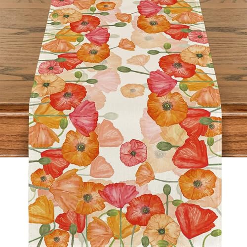 BSITSSS Tischläufer Klatschmohn 33 x 183 cm, Mohnblume Tischläufer Blumen Leinen, Orange Rot Tischdeko Table Runner für Sommer Küche Tisch Dekoration Drinnen Urlaub Party Dekor von BSITSSS