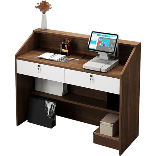 BSKJMMP Empfangstisch mit Theke, Sekretär-Schreibtisch, 2 abschließbare Schubladen, Kabeldurchführung, Aufbewahrungsregale für kleine Büros, Salons, Kassen, Eiche, 99,1 cm von BSKJMMP