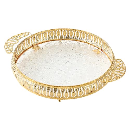 BSKJMMP Gold Acryl Essen Servieren Tablett Mit Griffen Dekorativer Obstkorb Süßigkeitenschüssel Hochzeit Snack Teller (Circular Plate,S) von BSKJMMP