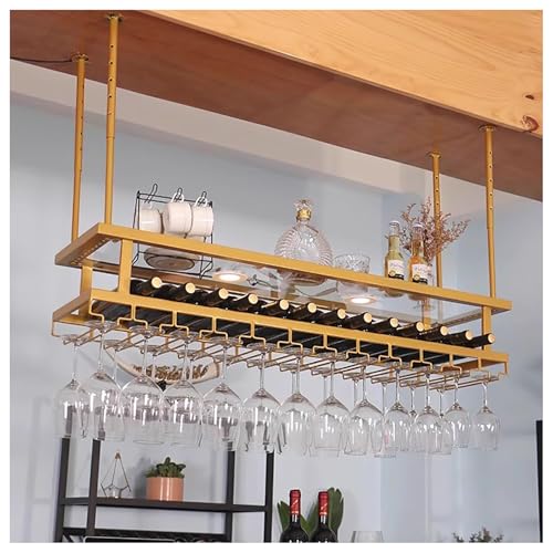BSKJMMP Hängendes Weinglasregal mit Licht, verstellbare Deckenregale, Theke, Weindisplay, industrielles Eisen mit Glashalter für Bar, Café, Küche (60 x 30 cm) von BSKJMMP