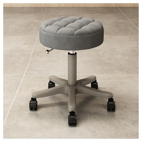 BSKJMMP Runder Rollhocker aus PU-Leder mit Fußstütze, Ladenhocker mit Rollen, verstellbarer Schminkstuhl, Salon, Drehstuhl, Zeichnen, Arbeit, Spa (grau) von BSKJMMP