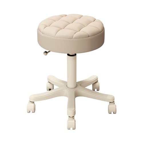 BSKJMMP Runder Rollhocker aus PU-Leder mit Fußstütze, Ladenhocker mit Rollen, verstellbarer Schminkstuhl, Salon, Drehstuhl, Zeichnen, Arbeit, Spa (weiß) von BSKJMMP