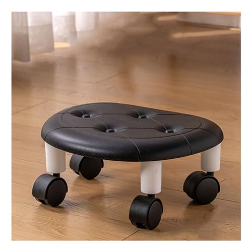 BSKJMMP Runder Rollhocker mit Rollen, niedrig, kurz zum Reinigen, 360° drehbar, PU-Leder, Bodenhocker, Fitness, Sport, H: 15 cm, drehbare Räder für Zuhause, Garage, Geschäft, Schwarz von BSKJMMP