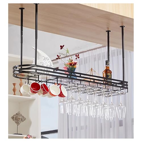 BSKJMMP Rustikales Weinregal, Wandmontage mit Licht, verstellbare Hängestange, Glasregal, Decken-Organizer, Weinständer, industrielles Regal, Regale (Schwarz, 120 x 25 cm) von BSKJMMP