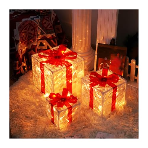 BSKJMMP Set mit 3 beleuchteten Weihnachtsgeschenkboxen, Veranda, Dekoration, Party, Innenbereich, mit Schleife, LED-Licht, Geschenk, Ornament für Baum, Hof, Haus, Innen- und Außenbereich von BSKJMMP