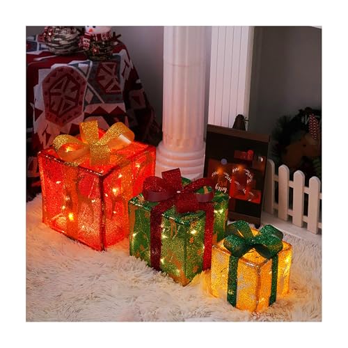 BSKJMMP Set mit 3 beleuchteten Weihnachtsgeschenkboxen, Veranda, Dekoration, Party, Innenbereich, mit Schleife, LED-Licht, Geschenk, Ornament für Baum, Hof, Zuhause, Innen- und Außenbereich von BSKJMMP