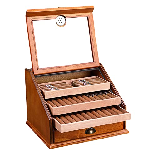 BSKJMMP Zigarren-Humidor-Etui, Zigarren-Box mit 3 Schubladen und Luftbefeuchter, Schreibtisch-Zedernholz, Aufbewahrungskoffer für 100 Zigarren von BSKJMMP