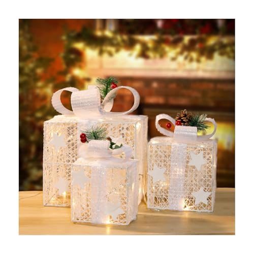 Beleuchtete Geschenkboxen Weihnachtsdeko Plug in 3er Set Beleuchtete Weihnachtsboxen Dekor 60 LED Licht Weiß für Weihnachtsbaum Party Hof Urlaub Innen Außen Dekoration von BSKJMMP