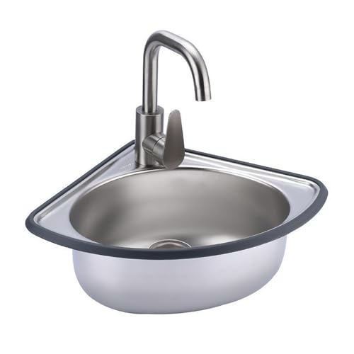 Eckspüle aus 304 Edelstahl, 15,8 cm, Warm- und Kaltwasserhahn, extra dick, Wandmontage, Küche, Waschtisch, dreieckig, Handwaschbecken, Waschküche, Restaurant mit Abtropfeinheit, 86,4 x 45,7 cm von BSKJMMP