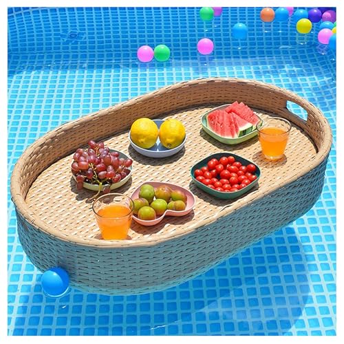 Schwimmendes Tablett für Pool, runder Serviertisch, Bar, Getränke und Lebensmittel, 80 cm, Schwimmbadschwimmer für Partys, verschleißfest, Rattan, Party-Servierung, Braun von BSKJMMP