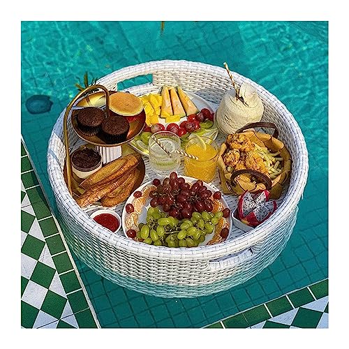 Schwimmendes Tablett für Pool, rundes Serviertablett für Getränke und Lebensmittel, für Partys, verschleißfestes Rattan-Party-Serviertablett (Durchmesser 60 cm), Weiß von BSKJMMP